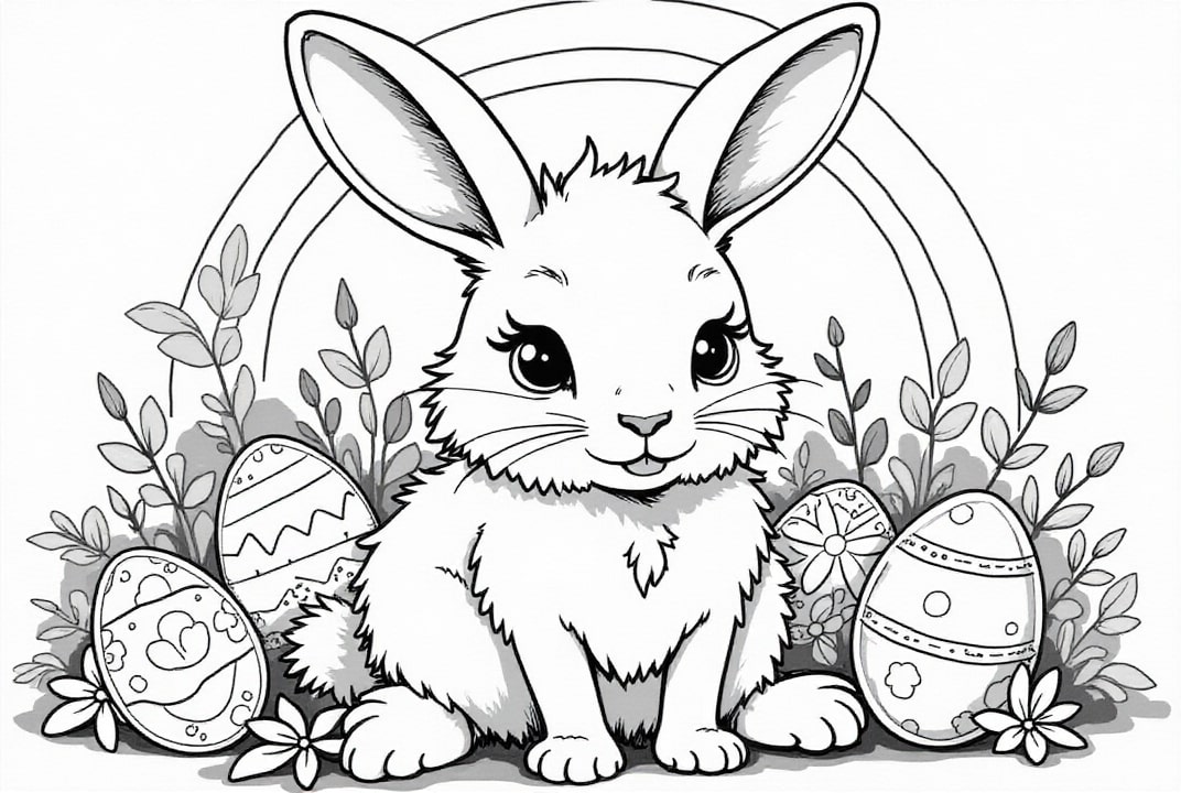 Coloriage lapin de pA¢ques avec des Aufs de pA¢ques dans le jardin